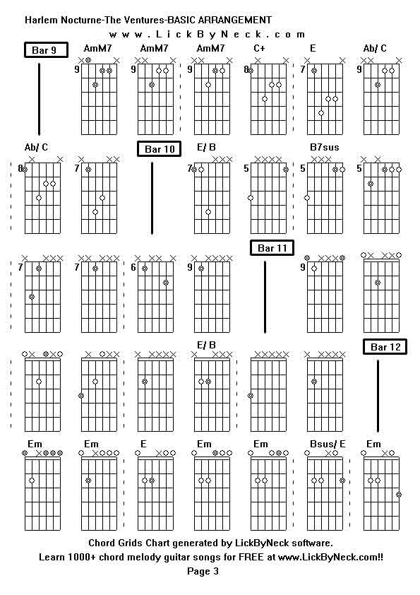 Chord Grids Chart of chord melody fingerstyle guitar song-Harlem Nocturne-The Ventures-BASIC ARRANGEMENT,generated by LickByNeck software.